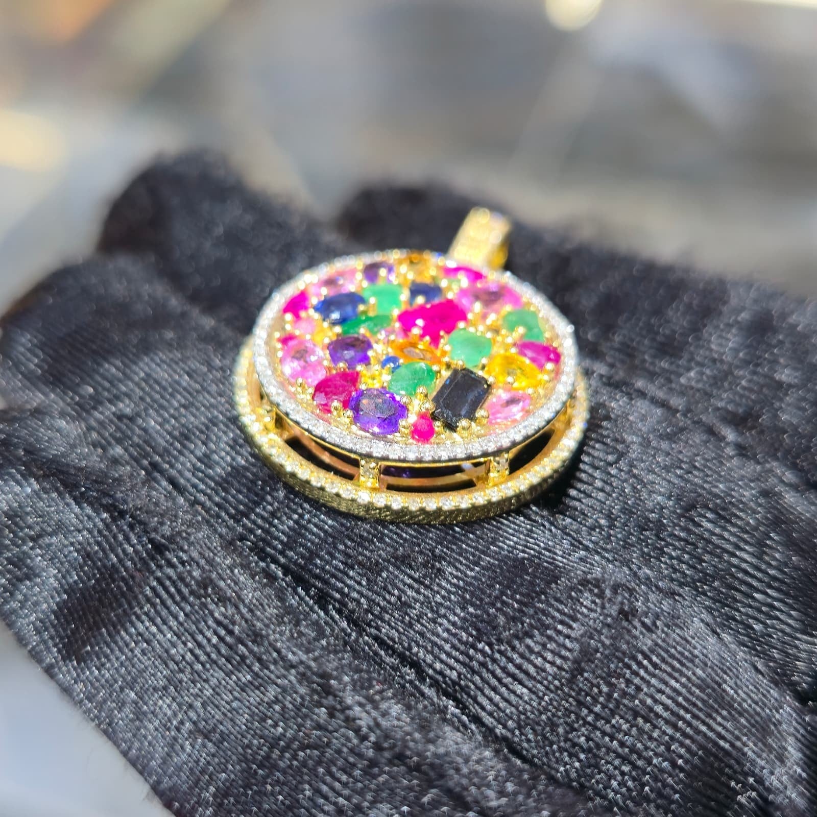 10K Yellow Gold Diamond Multi Gemstone Circle Pendant 4.35 ctw Ruby Emerald Men