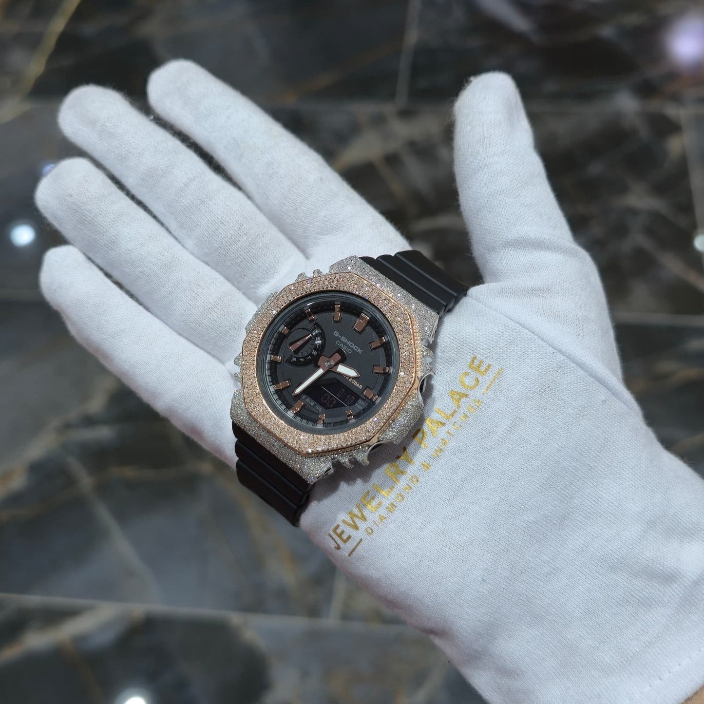 Casio G-Shock S2100  Iced Out Natural Diamond Watch 5CT | Black+ Rose MarkerDial