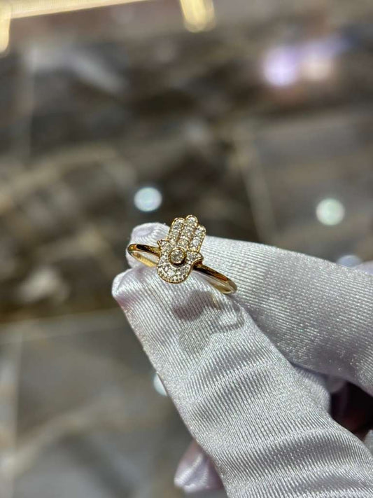 Hamsa Natural Diamond Ring 10K Solid Yellow Gold Hand Symbol 0.13CT Certified