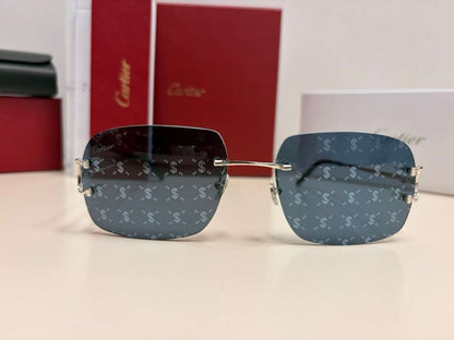 Cartier Big C Rimless Sunglasses Silver Frame Grey Lens Authentic w/ Box & Full