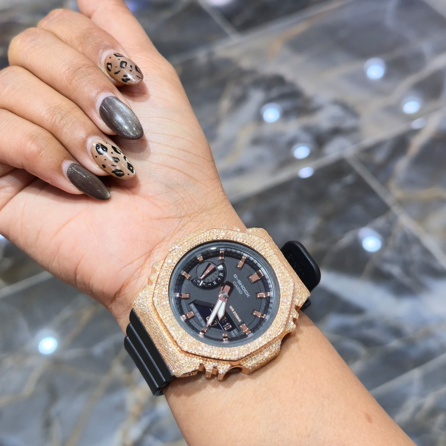 Casio G-Shock Black & Rose S2100BA Iced Out Diamond Watch 5CT