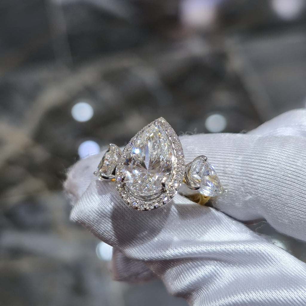 9.42CT Pear Lab Grown Diamond Engagement Ring | 14K Gold | E VVS2 | Halo 3-Stone