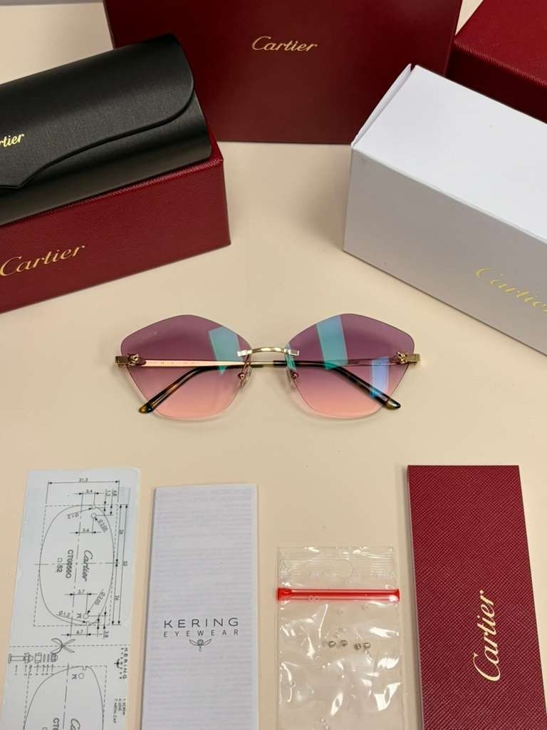 Cartier Panthere Rimless Sunglasses Purple/Pink Gradient Lens Authentic Full Set