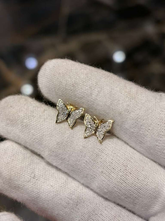 0.12CTW Natural Diamond 10K Gold Yellow White Butterfly Stud Earrings 9mm