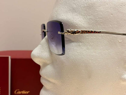 Cartier Panthere Decor Rimless Sunglasses Platinum Frame Blue Gradient Lens