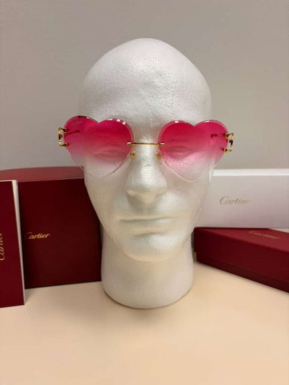 Cartier Big C Rimless Heart Sunglasses Pink Gradient Lens Gold Frame Full Set.