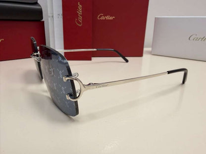 Cartier Big C Rimless Sunglasses Silver Frame Grey Lens Authentic w/ Box & Full