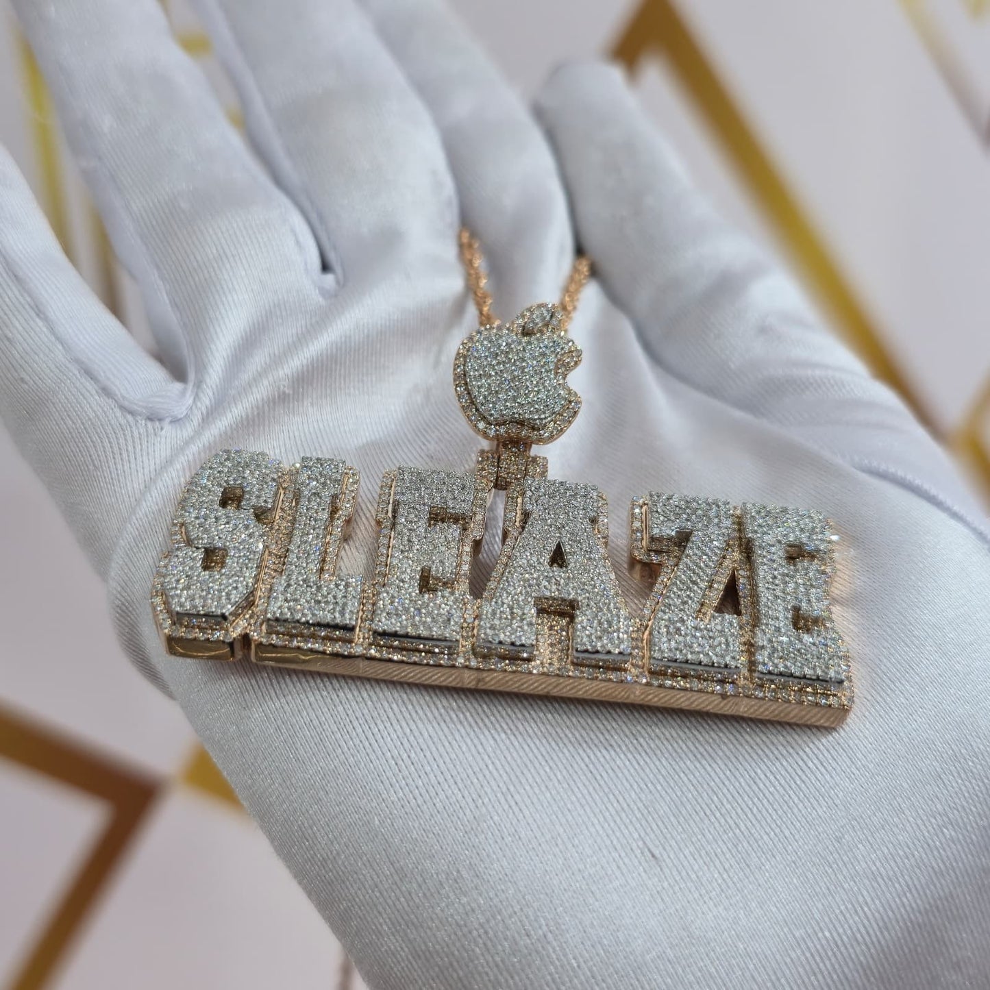 Custom Design Real Diamond Two Layer Block Nameplate Pendant Gold   2.5"