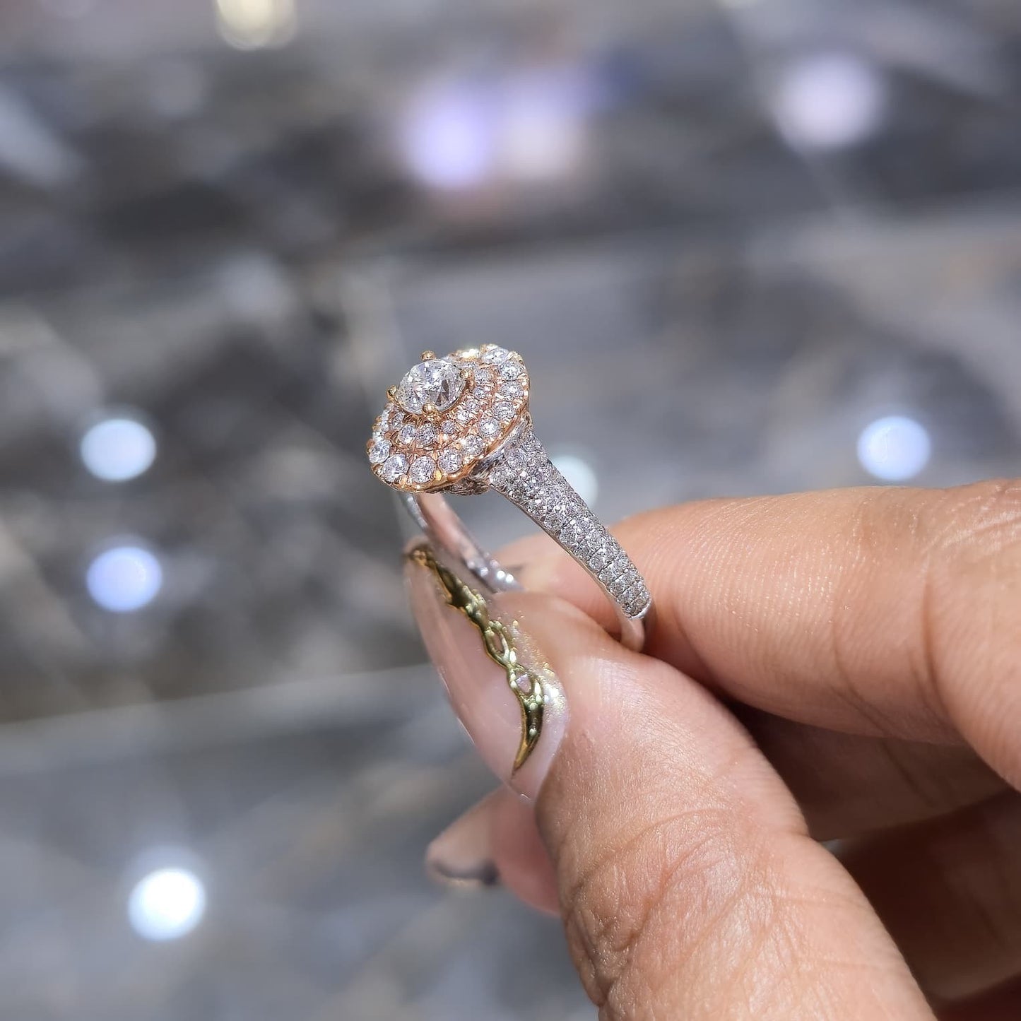 14K Two Tone Rose Gold Halo Diamond Engagement Ring 1.25 CTW Round SI F-G