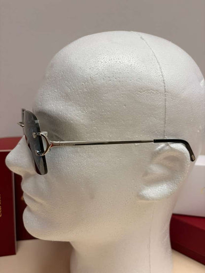 Cartier Big C Rimless Sunglasses Silver Frame Grey Lens Authentic w/ Box & Full