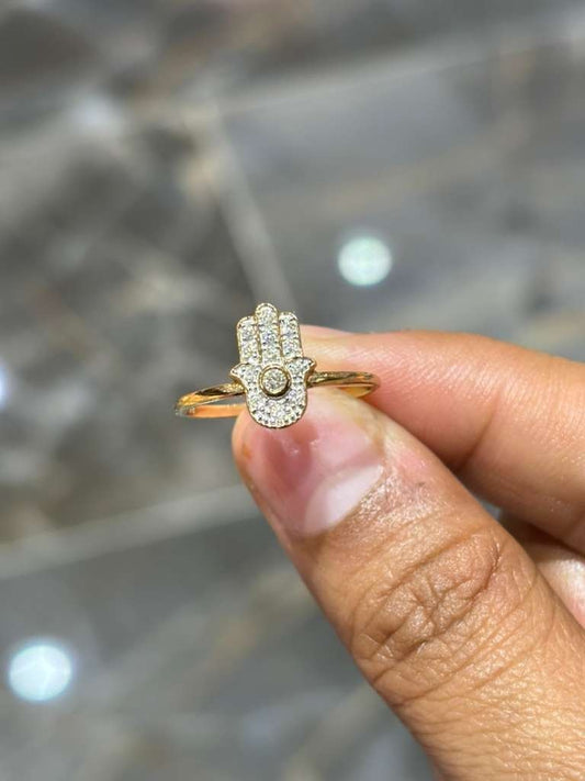 Hamsa Natural Diamond Ring 10K Solid Yellow Gold Hand Symbol 0.13CT Certified