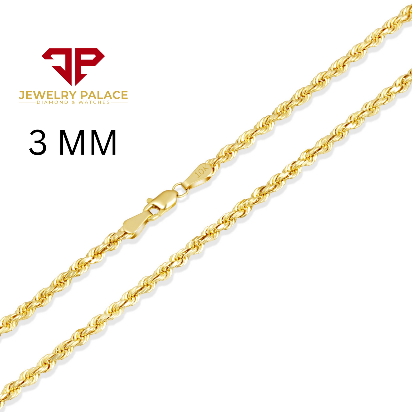 10K Yellow Gold 1mm-4mm Laser Diamond Cut Rope Chain Necklace Men Women 16"- 30"
