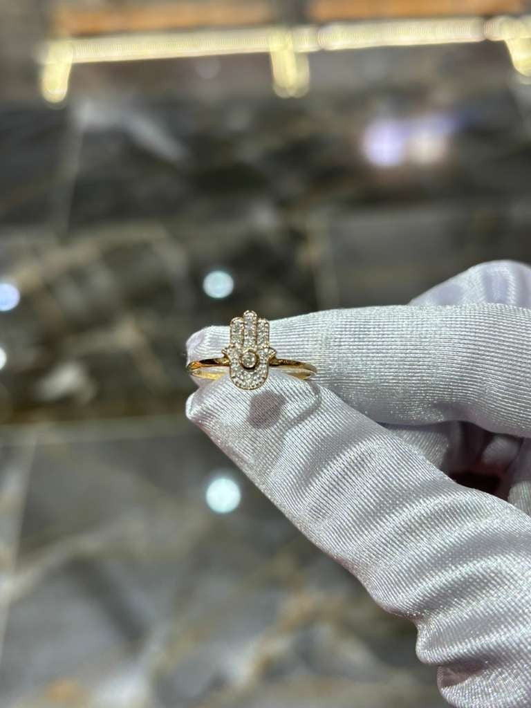 Hamsa Natural Diamond Ring 10K Solid Yellow Gold Hand Symbol 0.13CT Certified