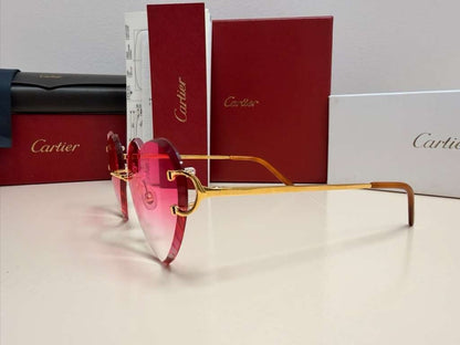 Cartier Big C Rimless Heart Sunglasses Pink Gradient Lens Gold Frame Full Set.