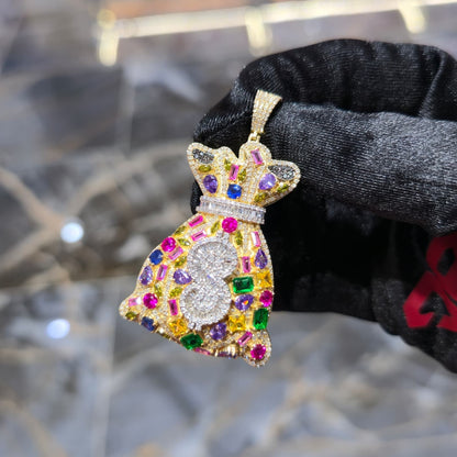 10K Gold Diamond Royal Money Bag Pendant 2.00ctw Multi-Color Gemstone 2 Inch