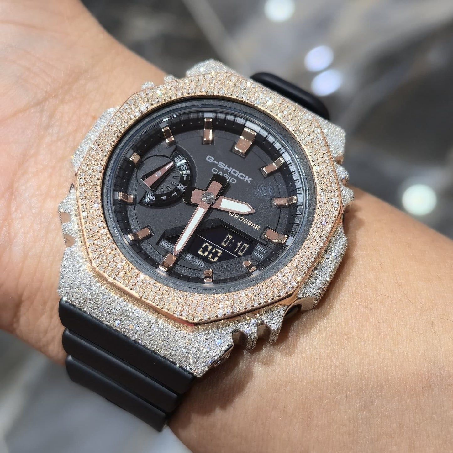 Casio G-Shock S2100  Iced Out Natural Diamond Watch 5CT | Black+ Rose MarkerDial