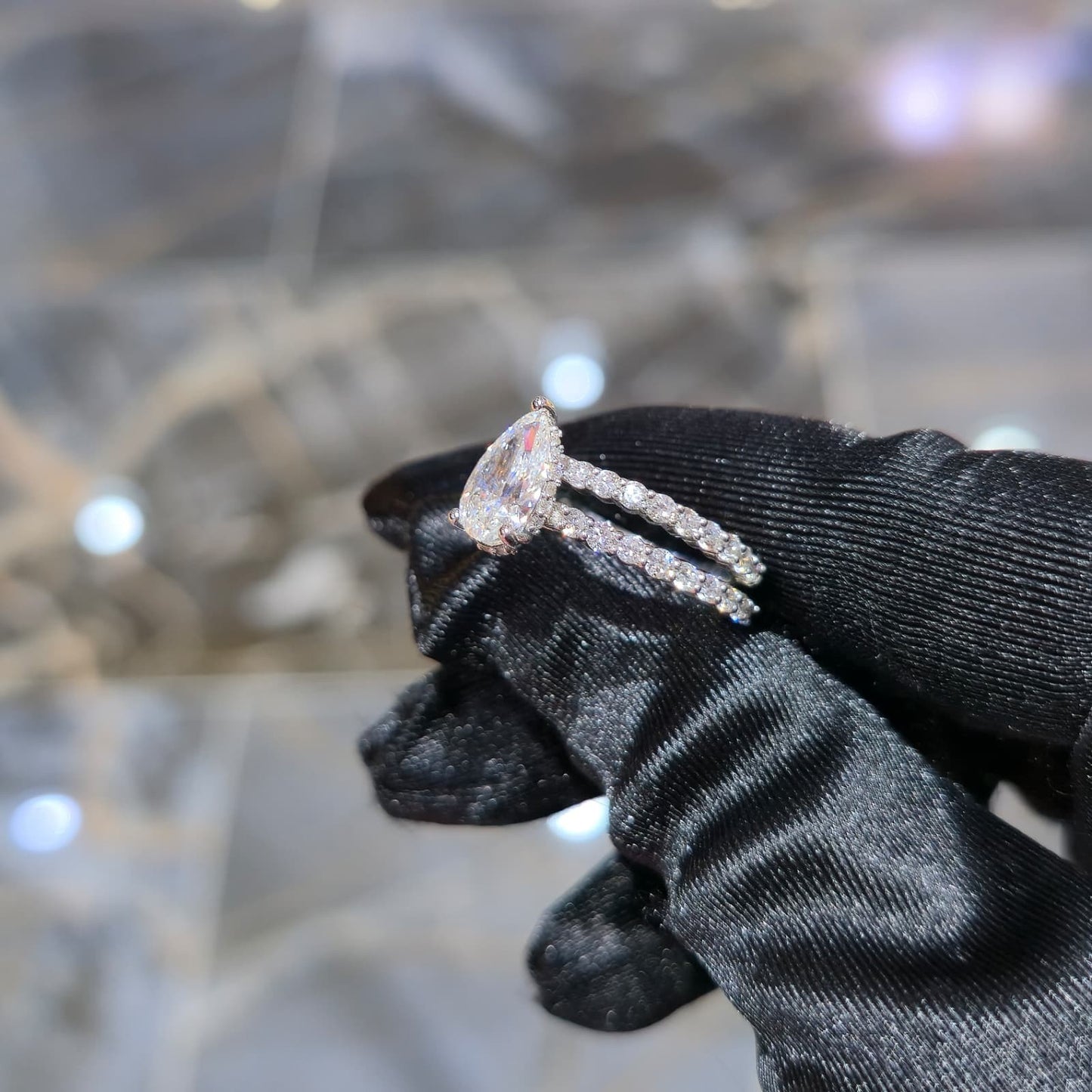 Lab Diamond Pear Teardrop Engagement Ring Set White Silver 3.00 ctw