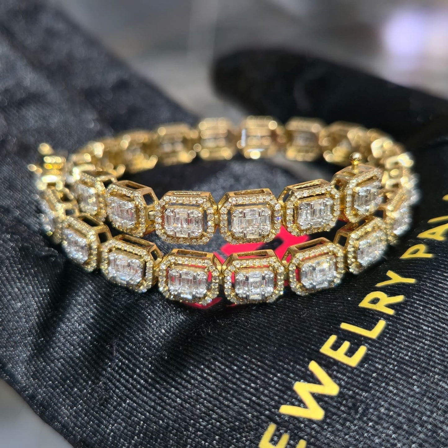 10K Yellow Gold Baguette Cluster Diamond Tennis Bracelet 8in 2.50ctw