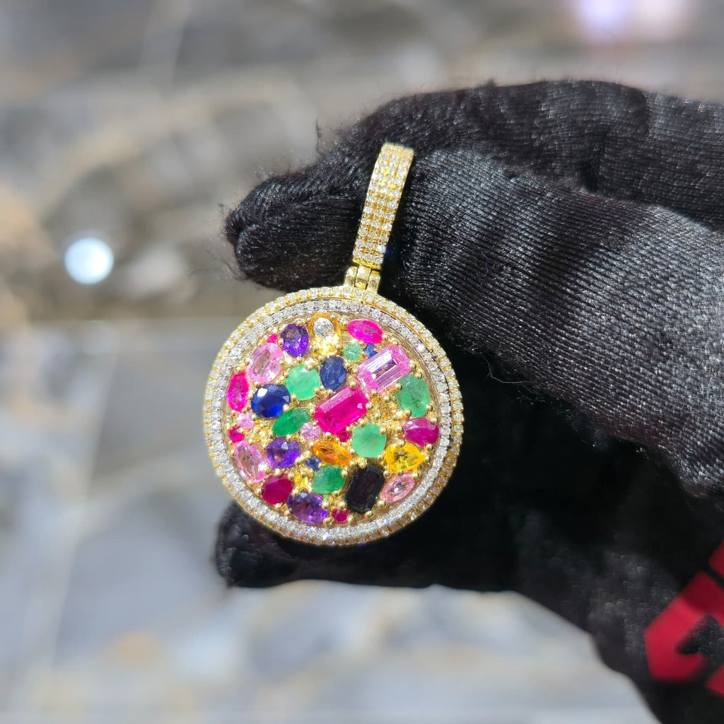 10K Yellow Gold Diamond Multi Gemstone Circle Pendant 4.35 ctw Ruby Emerald Men