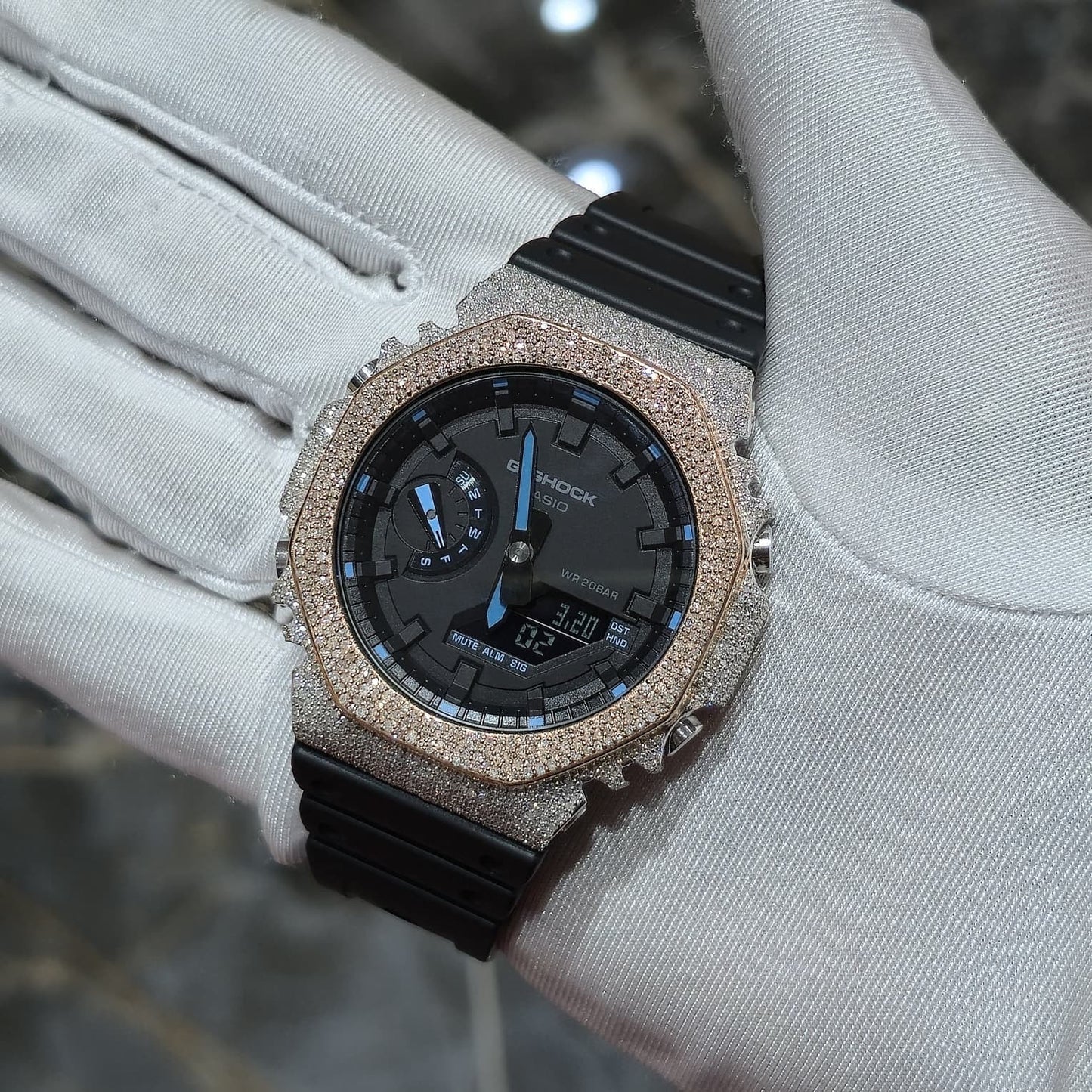 Casio G-Shock S2100  Iced Out Natural Diamond Watch 5CT | Black+ Blue MarkerDial