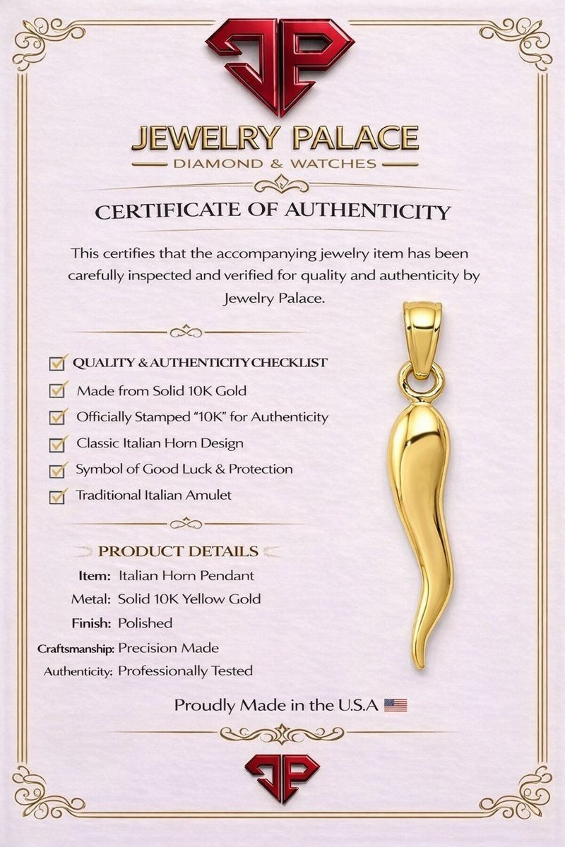 Real 10K Yellow Gold Medium 3D Italian Horn Pendant; Women & Men