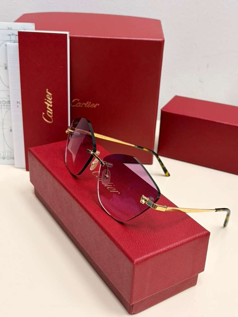 Cartier Panthere Rimless Sunglasses Purple/Pink Gradient Lens Authentic Full Set