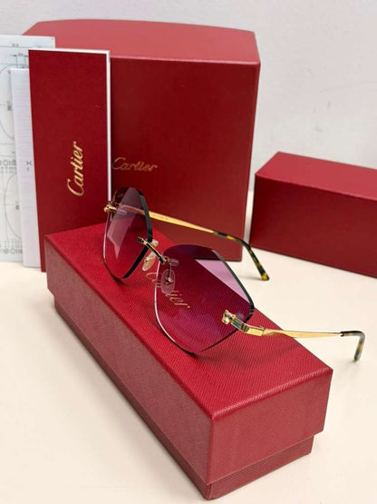 Cartier Panthere Rimless Sunglasses Purple/Pink Gradient Lens Authentic Full Set