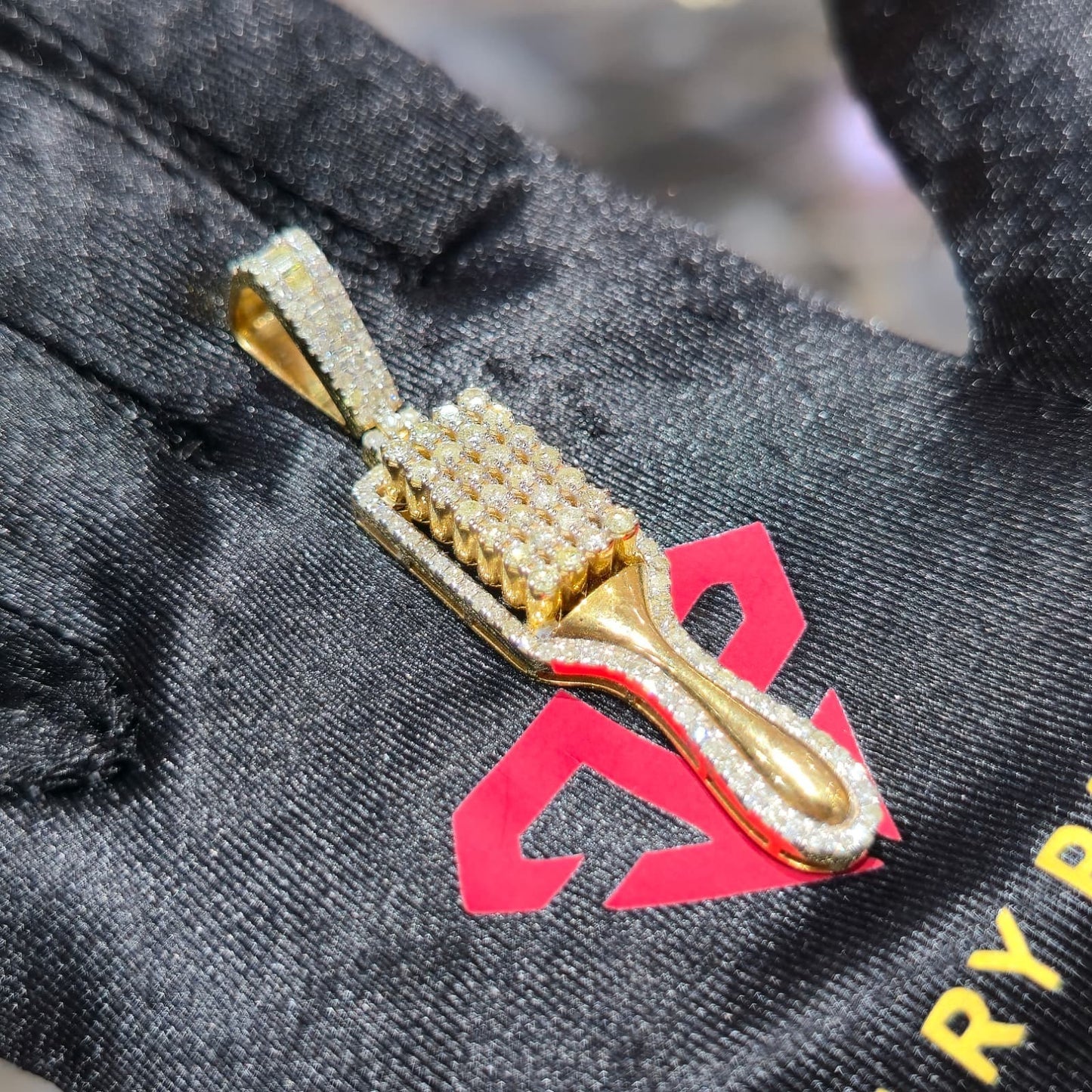 10K Gold Diamond Barber Fade Brush Pendant 2.00ctw Professional Stylist Charm 2"