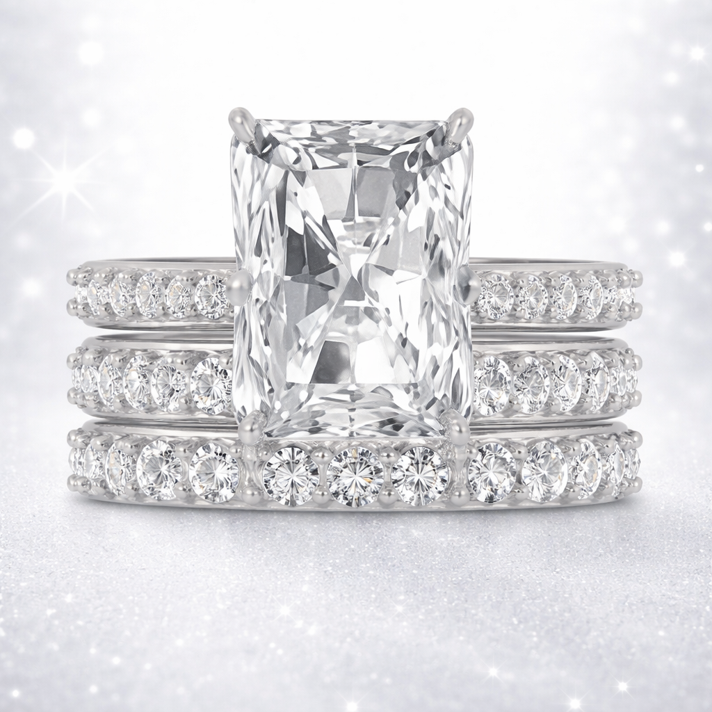 11.49CT Radiant Lab Grown Diamond Ring Set E VVS2 | 14K White Gold | Hidden Halo