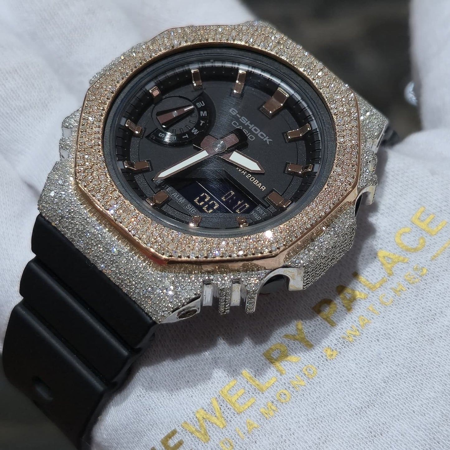 Casio G-Shock S2100  Iced Out Natural Diamond Watch 5CT | Black+ Rose MarkerDial