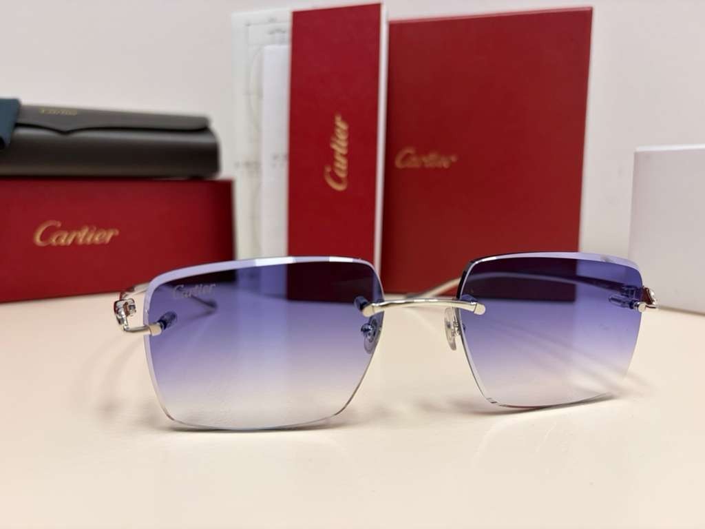 Cartier Panthere Decor Rimless Sunglasses Platinum Frame Blue Gradient Lens