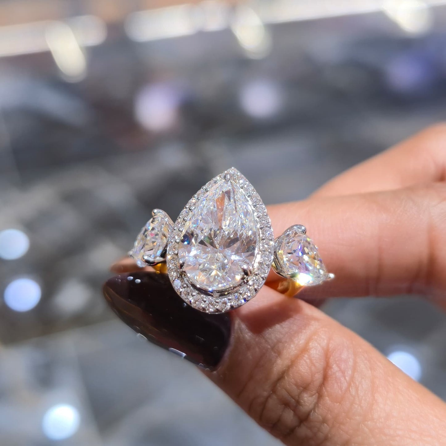 9.42CT Pear Lab Grown Diamond Engagement Ring | 14K Gold | E VVS2 | Halo 3-Stone