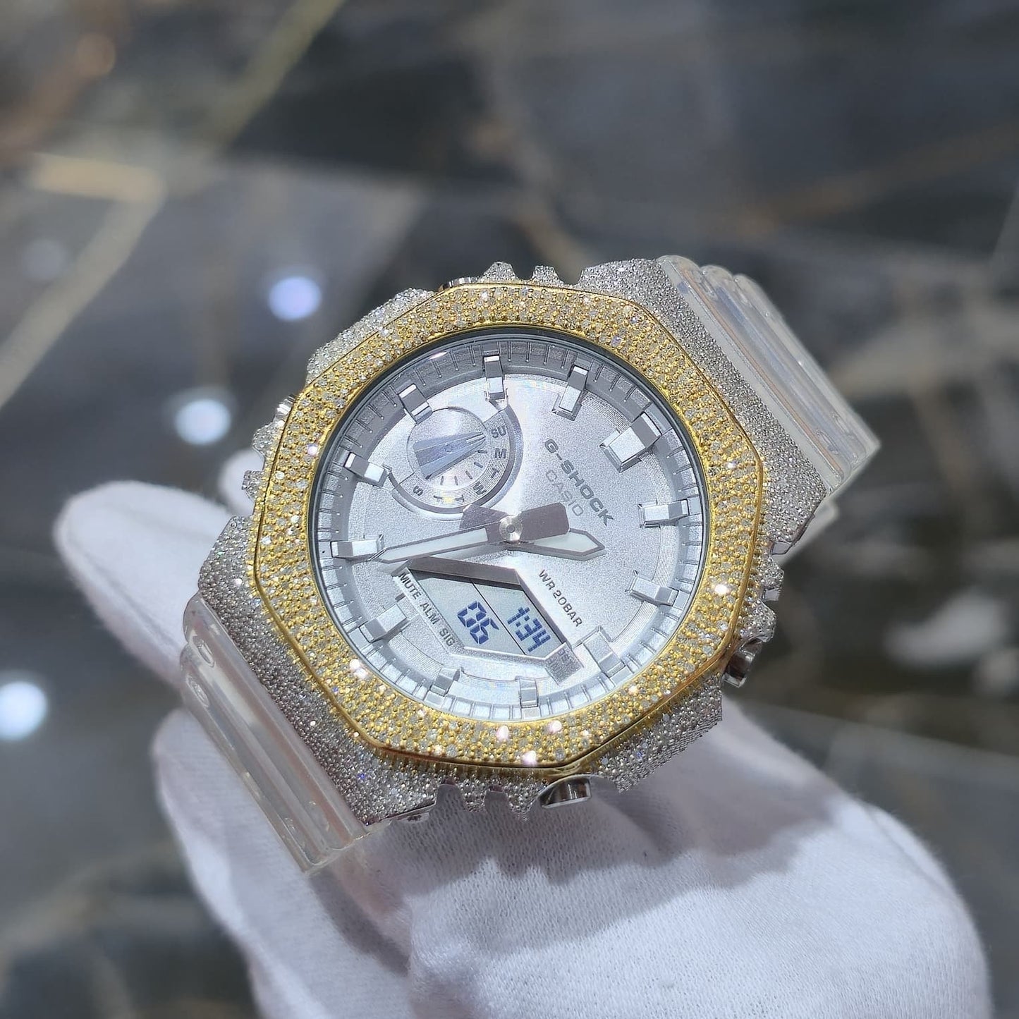 Casio G-Shock S2100  Iced Out Natural Diamond Watch 5CT | Silver Dial Clear Band