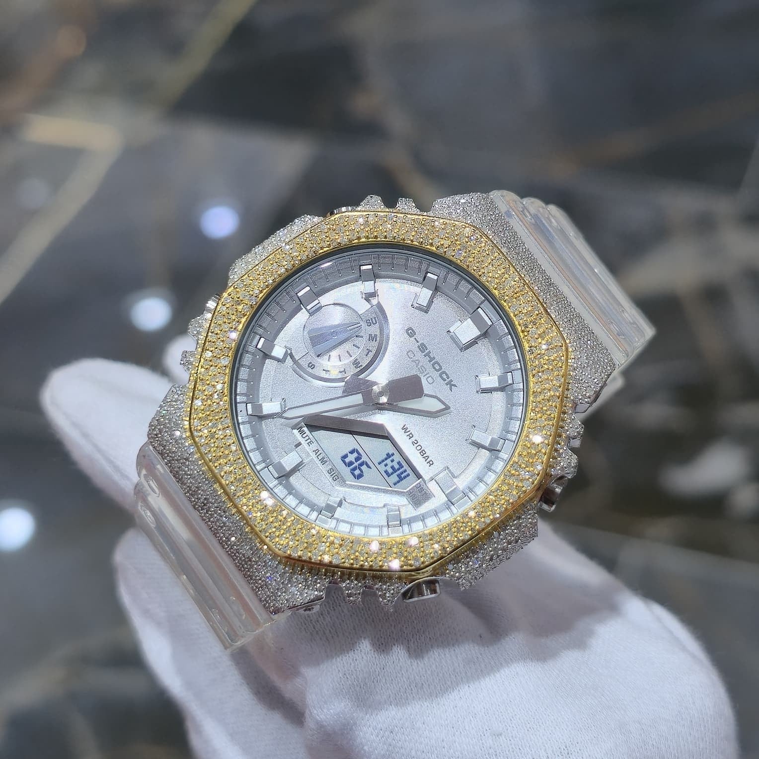 Casio G-Shock S2100  Iced Out Natural Diamond Watch 5CT | Silver Dial Clear Band