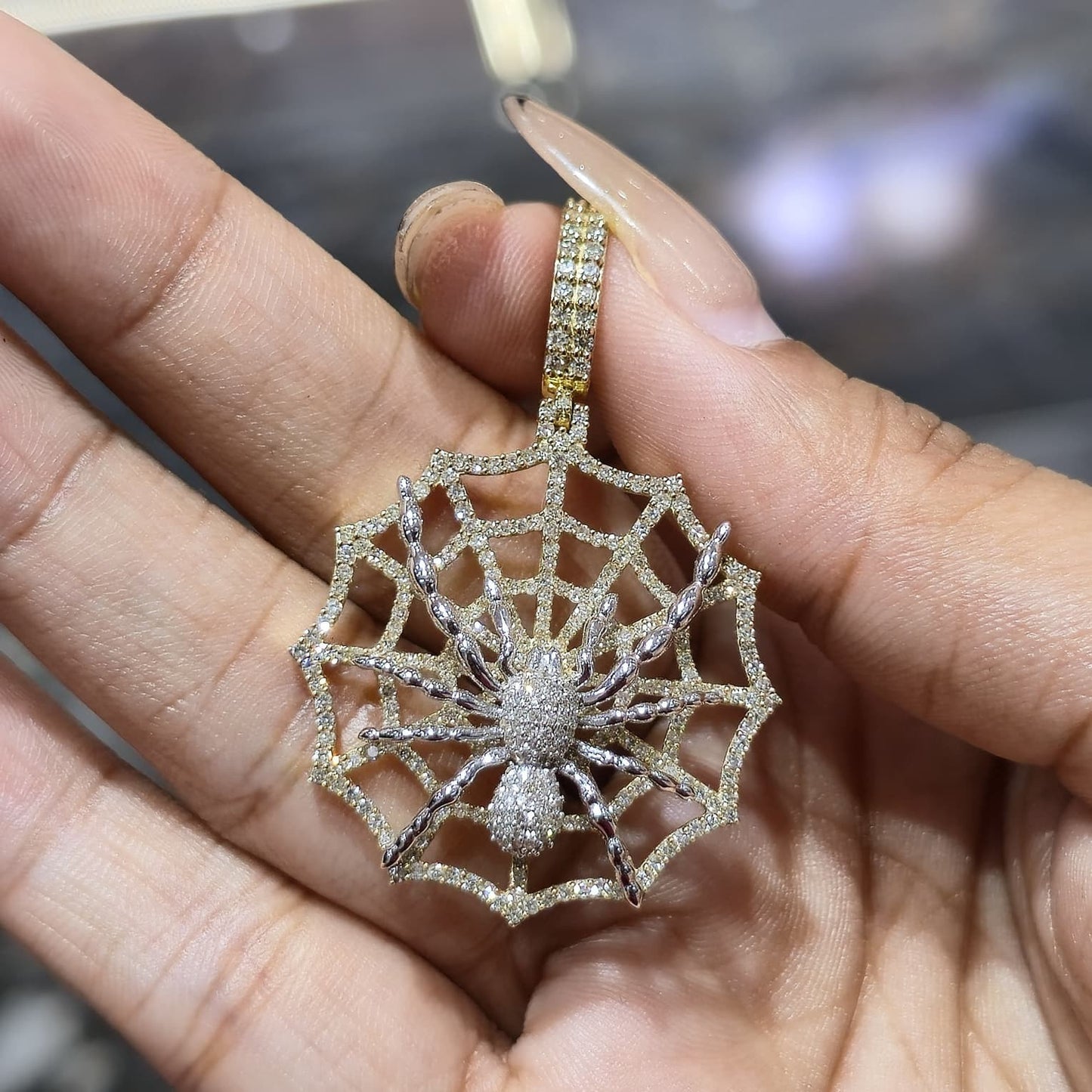 10k Solid Gold 1.87 Carat Spider Den Web Natural Diamond Pendant
