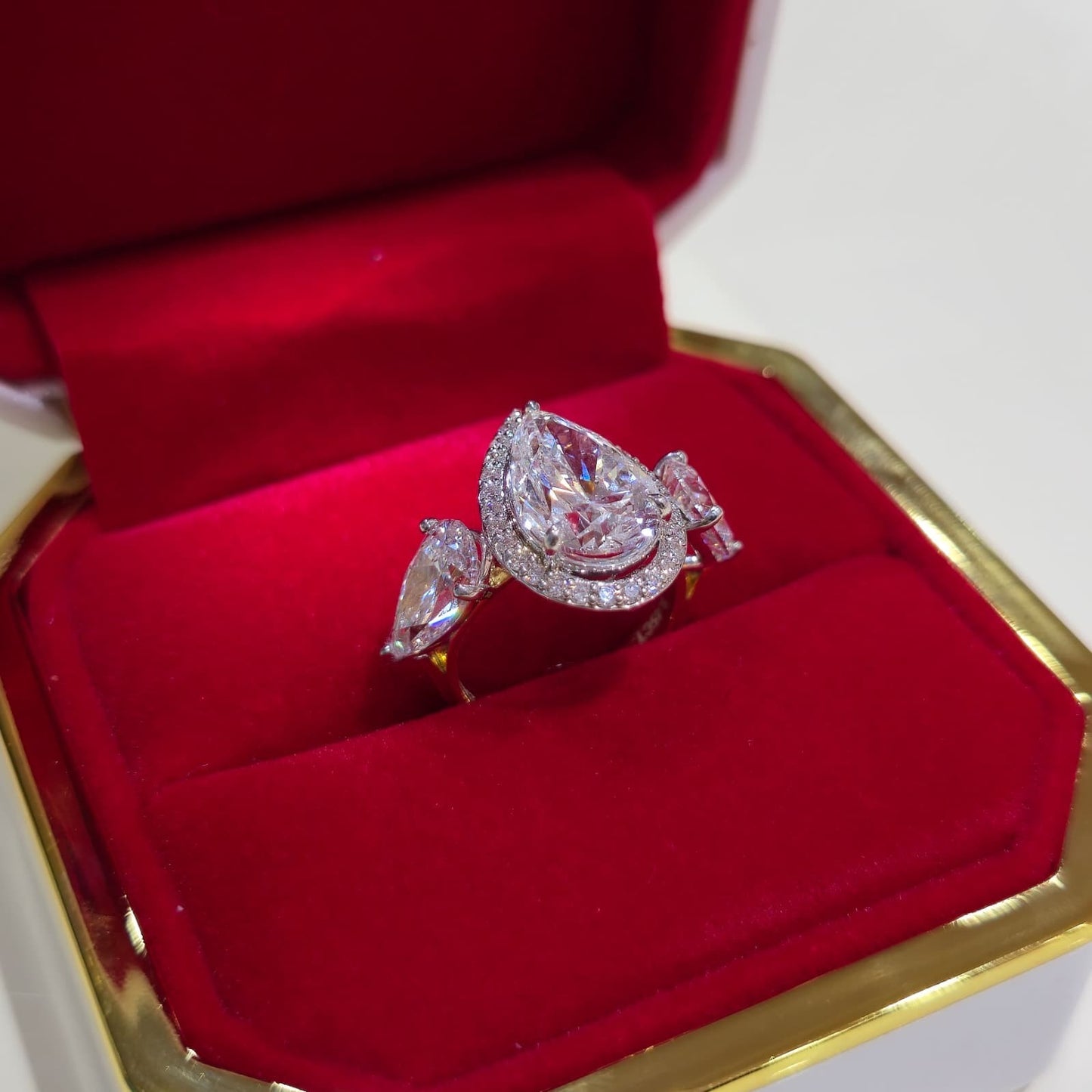 9.42CT Pear Lab Grown Diamond Engagement Ring | 14K Gold | E VVS2 | Halo 3-Stone