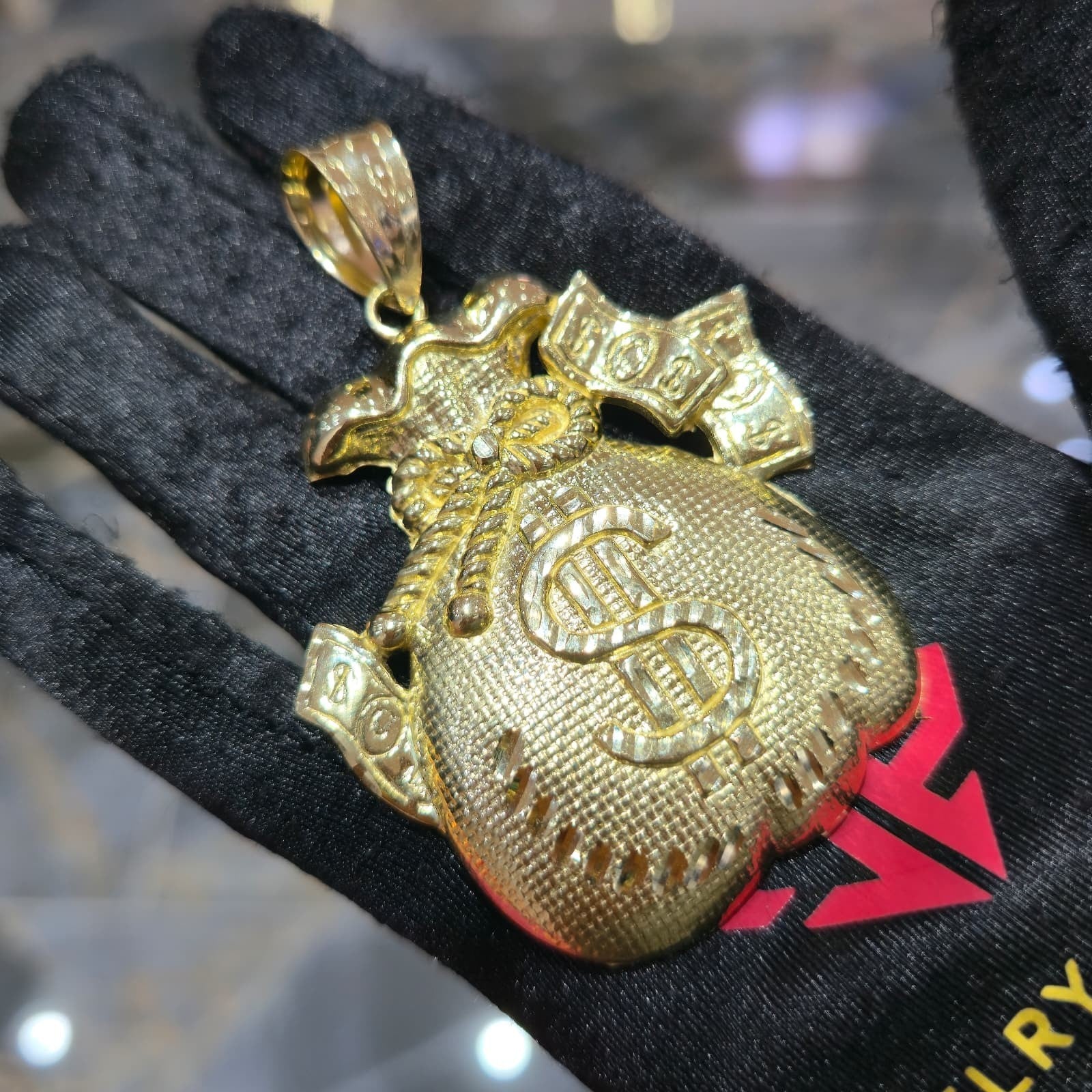 10K Yellow Gold Money Bag Pendant Charm Dollar Sign Diamond Cut Mens Hip Hop 3in
