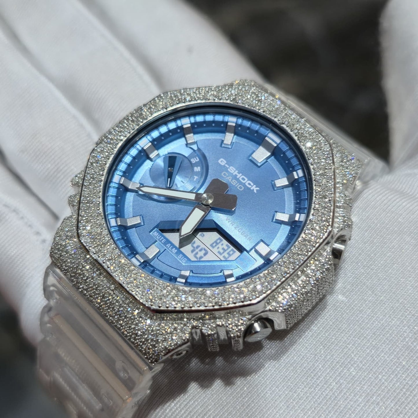Casio G-Shock S2100  Iced Out Natural Diamond Watch 5CT | Blue Dial Clear Band