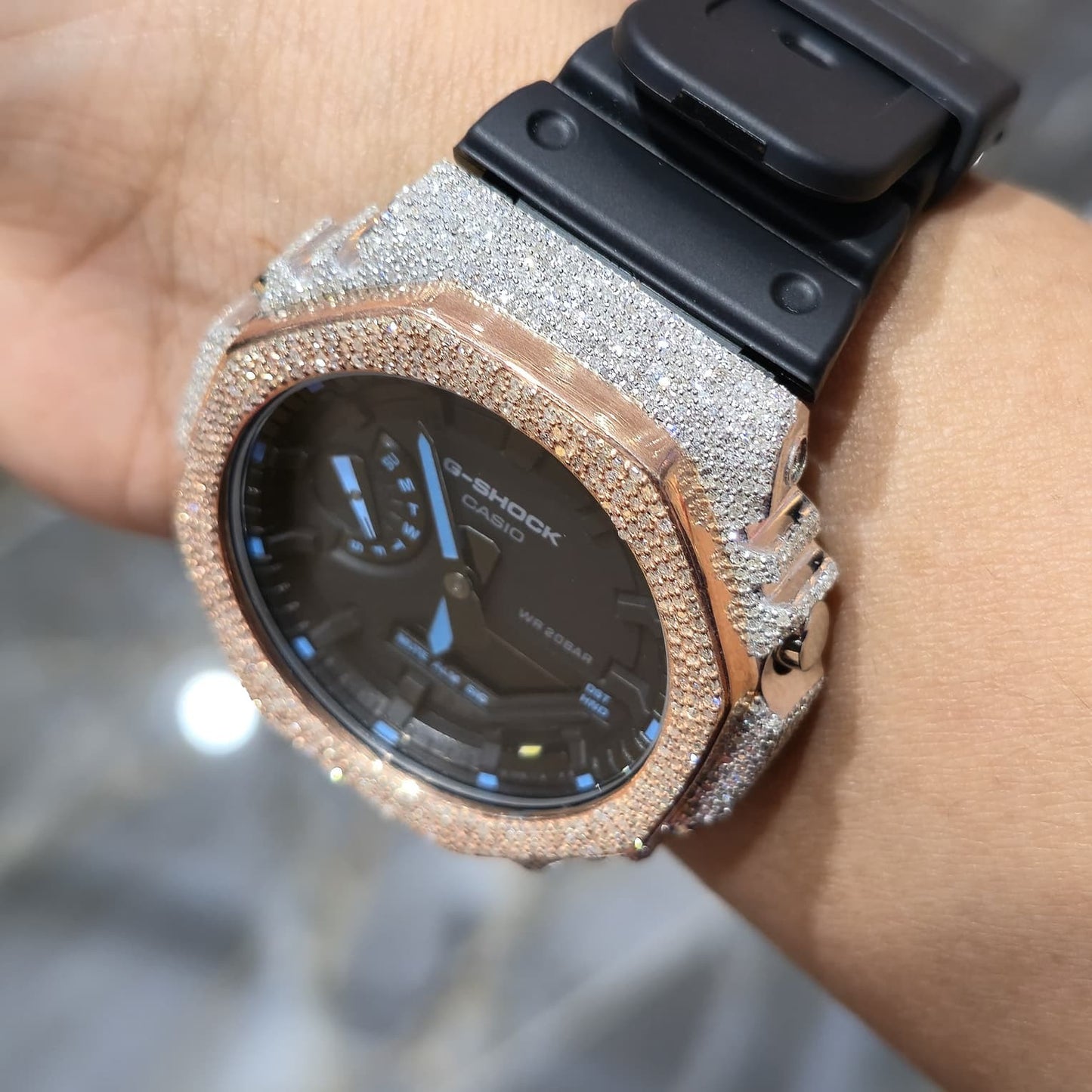 Casio G-Shock S2100  Iced Out Natural Diamond Watch 5CT | Black+ Blue MarkerDial