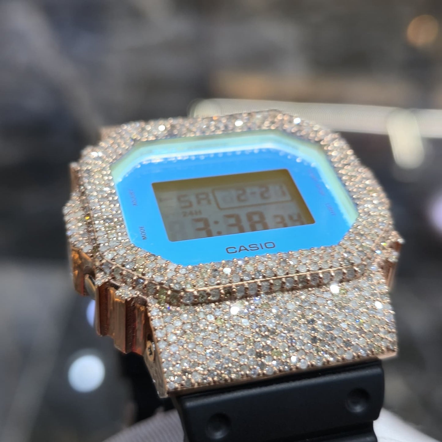 Blue Dial+ G-Shock DW-5600TL 5CT Natural Diamonds All Rose Bezel ICED OUT Watch