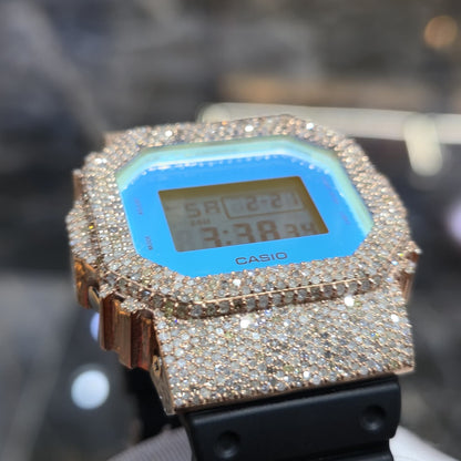 Blue Dial+ G-Shock DW-5600TL 5CT Natural Diamonds All Rose Bezel ICED OUT Watch