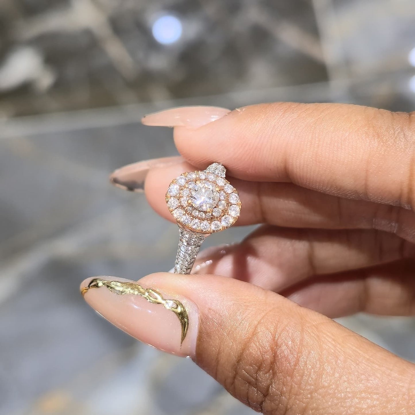 14K Two Tone Rose Gold Halo Diamond Engagement Ring 1.25 CTW Round SI F-G
