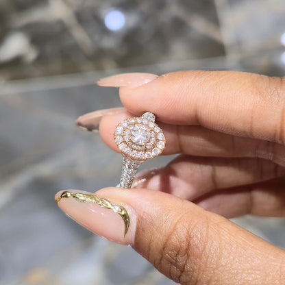 14K Two Tone Rose Gold Halo Diamond Engagement Ring 1.25 CTW Round SI F-G