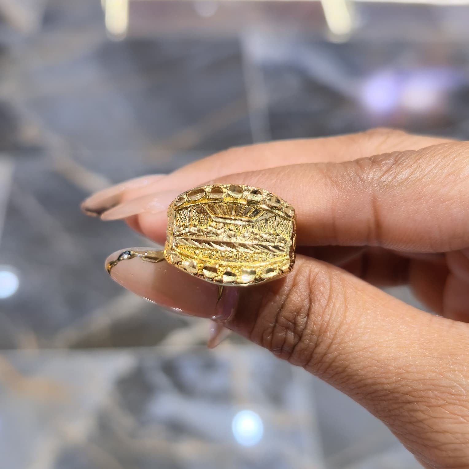 10K Solid Yellow Gold Last Supper Ring Cross Design Men’s Pinky Statement Ring