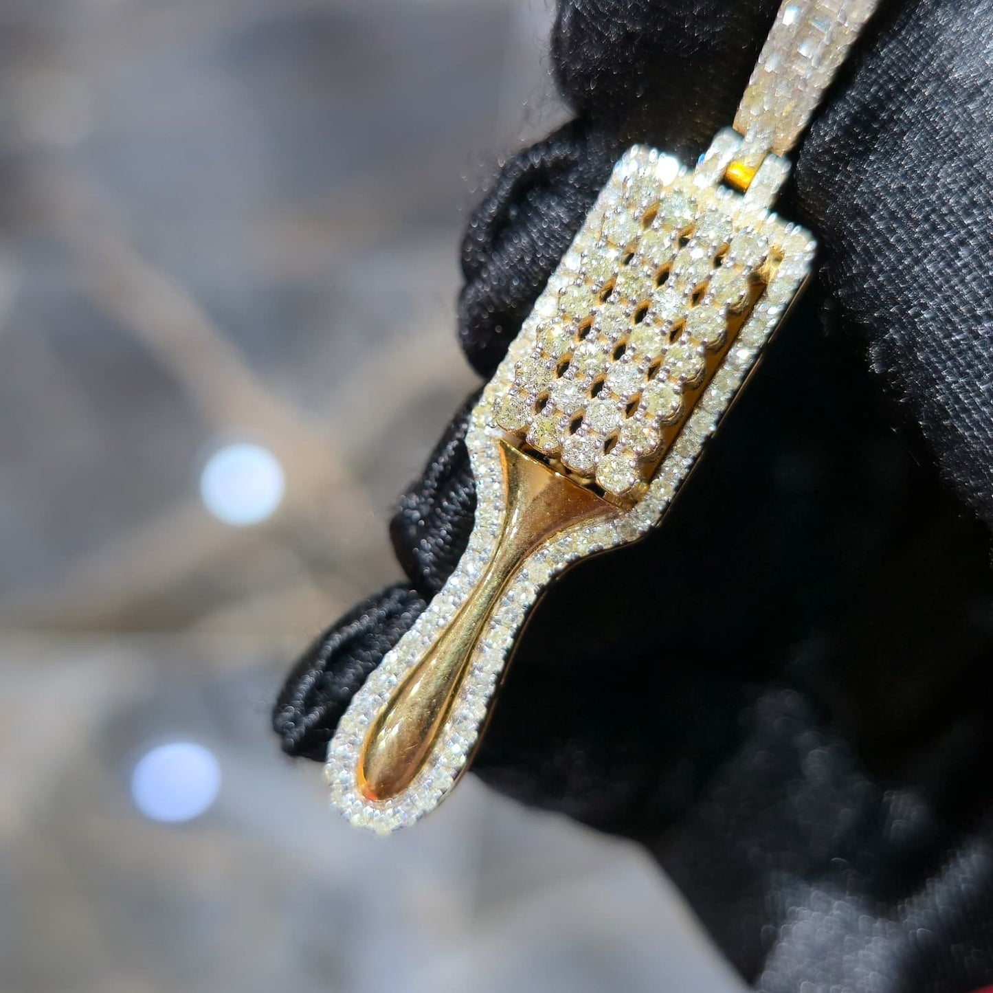 10K Gold Diamond Barber Fade Brush Pendant 2.00ctw Professional Stylist Charm 2"