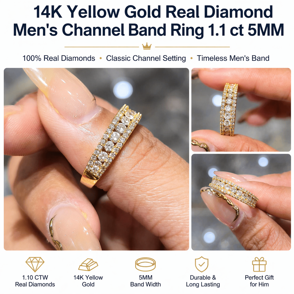 14K Yellow Gold Real Diamond Men’s Channel Set Band Ring 1.00 CTW 5MM | BAND