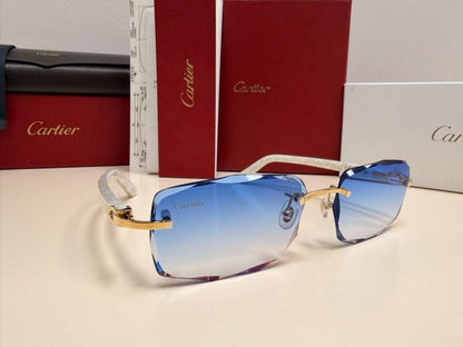 Cartier C Decor Rimless Sunglasses Customized Authentic Blue Lenses Full Set Box