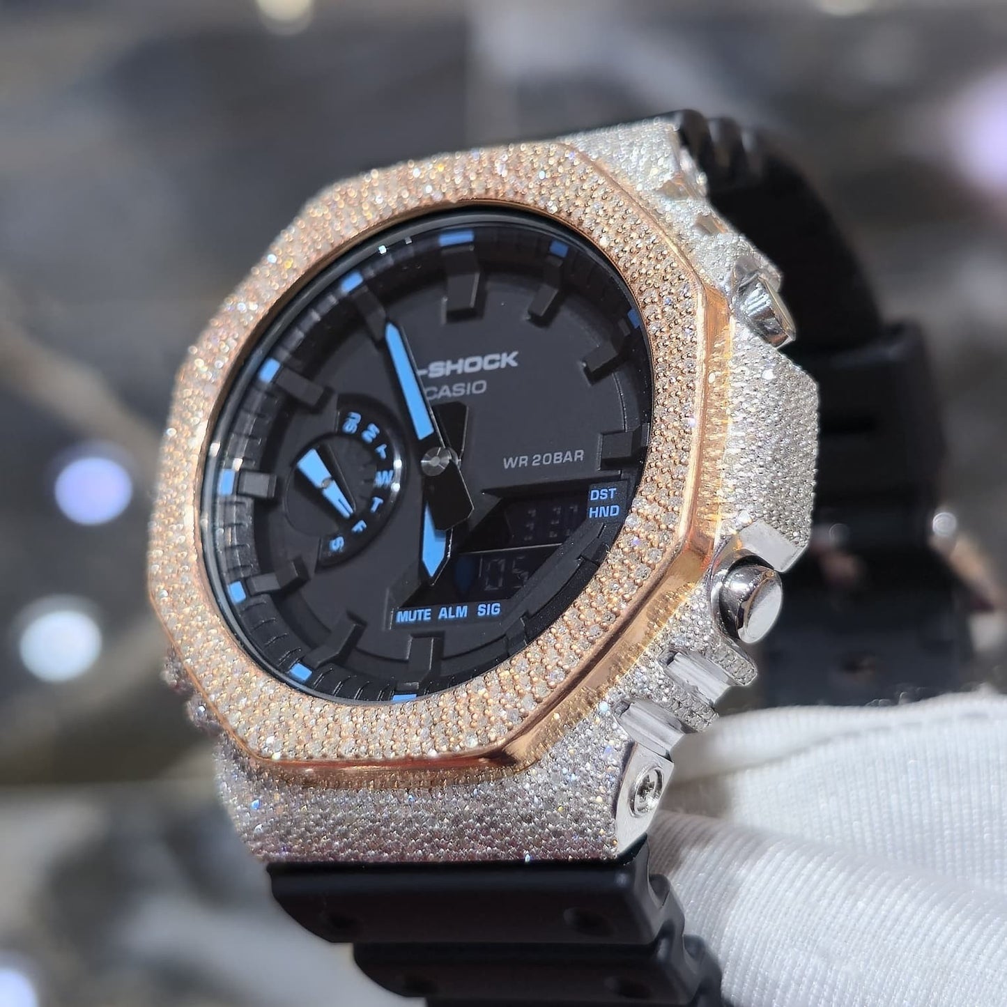Casio G-Shock S2100  Iced Out Natural Diamond Watch 5CT | Black+ Blue MarkerDial