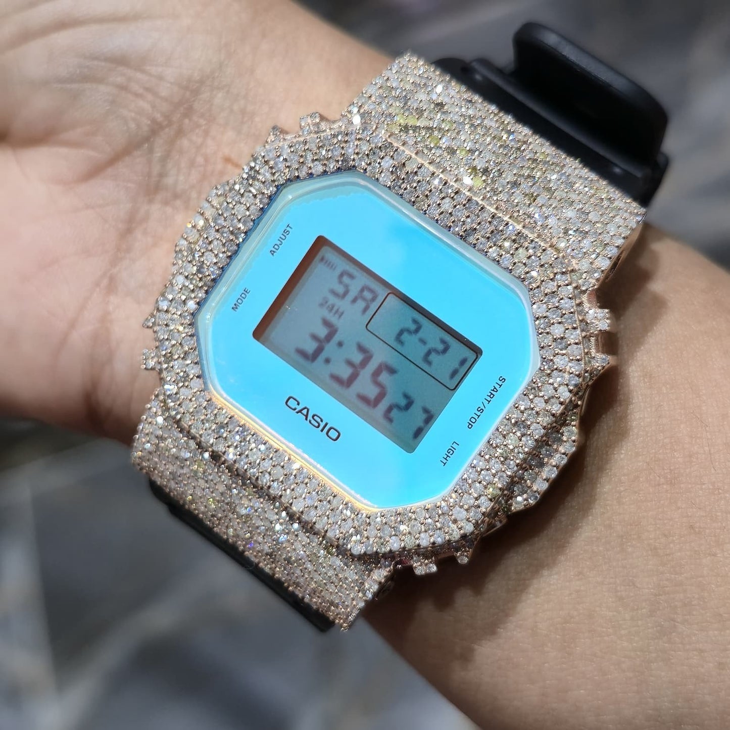 Blue Dial+ G-Shock DW-5600TL 5CT Natural Diamonds All Rose Bezel ICED OUT Watch
