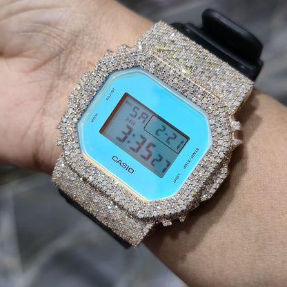 Blue Dial+ G-Shock DW-5600TL 5CT Natural Diamonds All Rose Bezel ICED OUT Watch